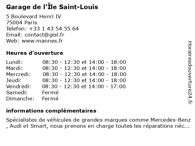 Garage de l'Île Saint-Louis à Paris: adresse et heures d'ouverture