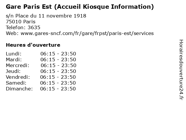 Gare Paris Est (Accueil Kiosque Information) à Paris: adresse et heures d'ouverture