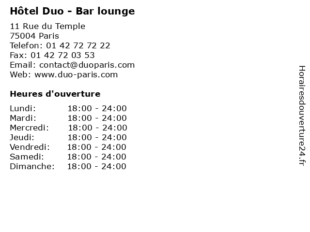Hôtel Duo - Bar lounge à Paris: adresse et heures d'ouverture