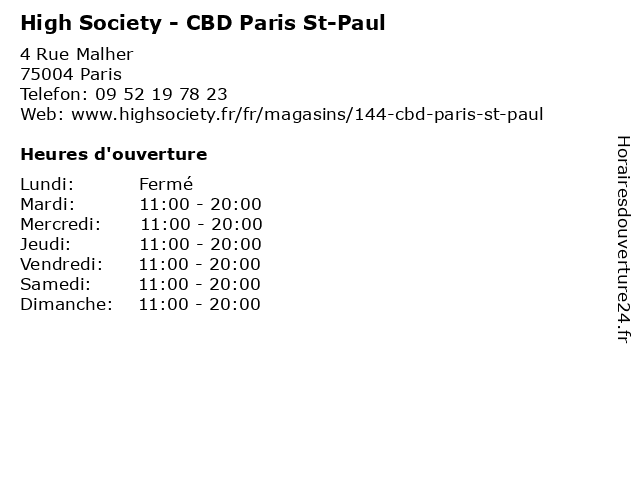 High Society - CBD Paris St-Paul à Paris: adresse et heures d'ouverture