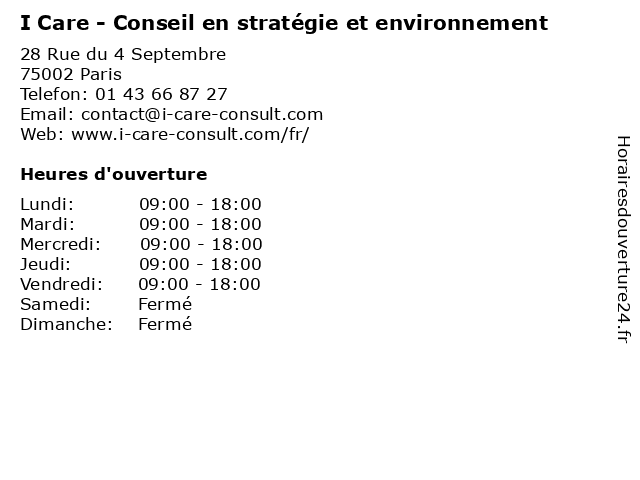 I Care - Conseil en stratégie et environnement à Paris: adresse et heures d'ouverture