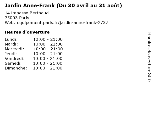 Jardin Anne-Frank (Du 30 avril au 31 août) à Paris: adresse et heures d'ouverture