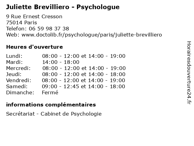 Juliette Brevilliero - Psychologue à Paris: adresse et heures d'ouverture