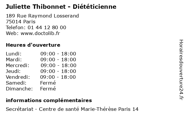 Juliette Thibonnet - Diététicienne à Paris: adresse et heures d'ouverture