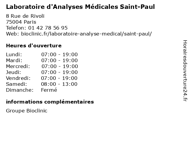 Laboratoire d'Analyses Médicales Saint-Paul à Paris: adresse et heures d'ouverture