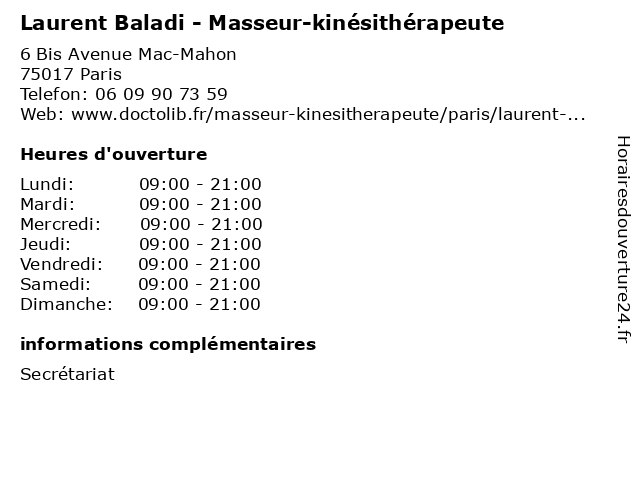 Laurent Baladi - Masseur-kinésithérapeute à Paris: adresse et heures d'ouverture