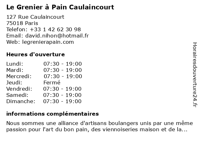 Le Grenier à Pain Caulaincourt à Paris: adresse et heures d'ouverture