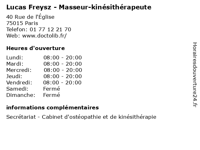 Lucas Freysz - Masseur-kinésithérapeute à Paris: adresse et heures d'ouverture