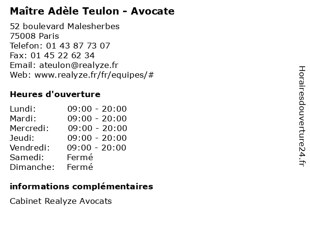 Maître Adèle Teulon - Avocate à Paris: adresse et heures d'ouverture