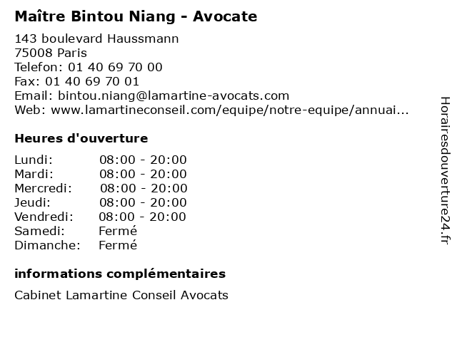 Maître Bintou Niang - Avocate à Paris: adresse et heures d'ouverture