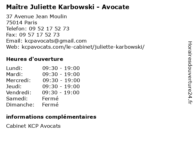 Maître Juliette Karbowski - Avocate à Paris: adresse et heures d'ouverture