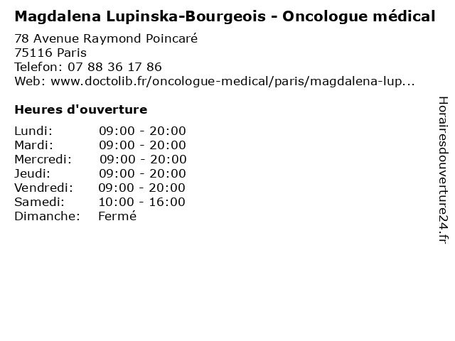 Magdalena Lupinska-Bourgeois - Oncologue médical à Paris: adresse et heures d'ouverture