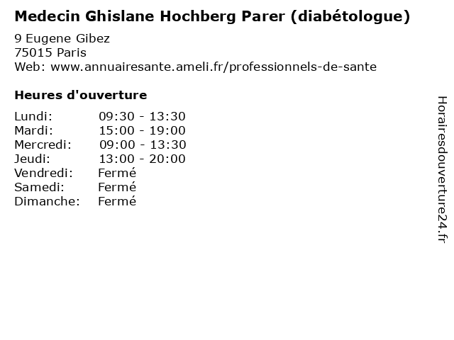 Medecin Ghislane Hochberg Parer (diabétologue) à Paris: adresse et heures d'ouverture