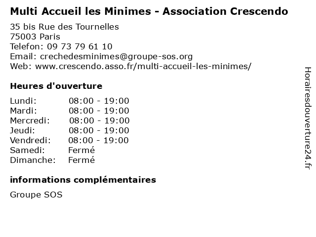 Multi Accueil les Minimes - Association Crescendo à Paris: adresse et heures d'ouverture