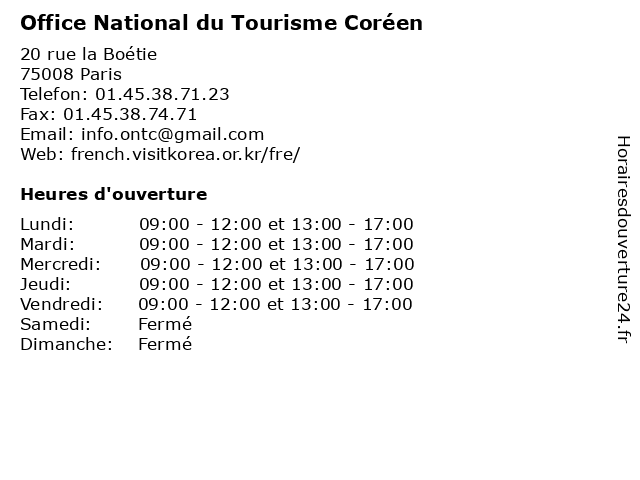 Office National du Tourisme Coréen à Paris: adresse et heures d'ouverture