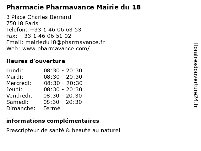 Pharmacie Pharmavance Mairie du 18 à Paris: adresse et heures d'ouverture