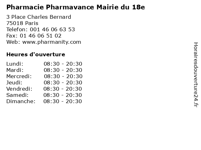 Pharmacie Pharmavance Mairie du 18e à Paris: adresse et heures d'ouverture
