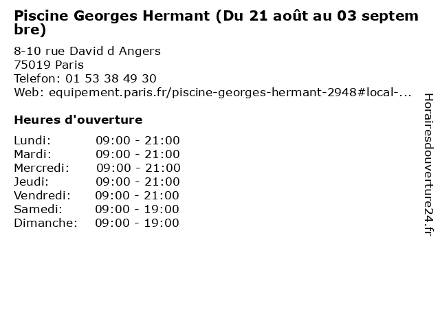 Piscine Georges Hermant (Du 21 août au 03 septembre) à Paris: adresse et heures d'ouverture