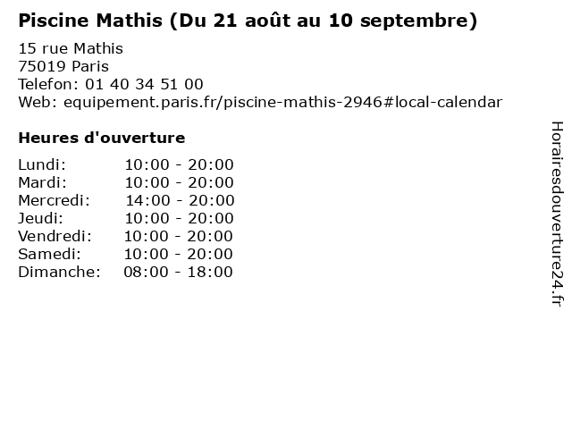 Piscine Mathis (Du 21 août au 10 septembre) à Paris: adresse et heures d'ouverture