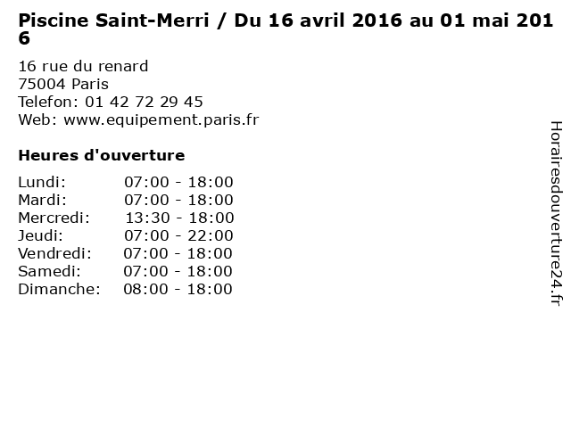 Piscine Saint-Merri / Du 16 avril 2016 au 01 mai 2016 à Paris: adresse et heures d'ouverture