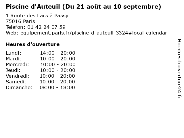 Piscine d'Auteuil (Du 21 août au 10 septembre) à Paris: adresse et heures d'ouverture