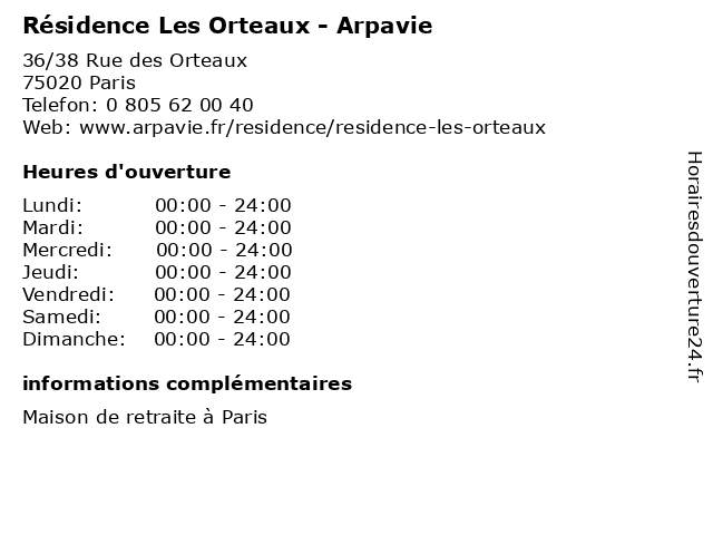 Résidence Les Orteaux - Arpavie à Paris: adresse et heures d'ouverture