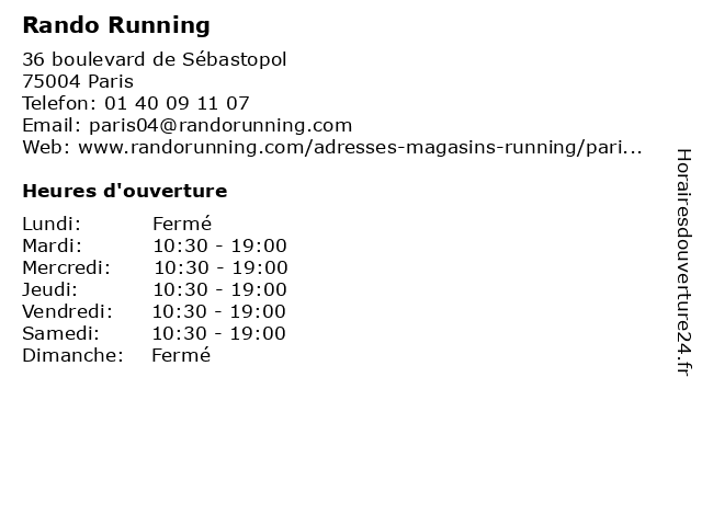 Rando Running à Paris: adresse et heures d'ouverture