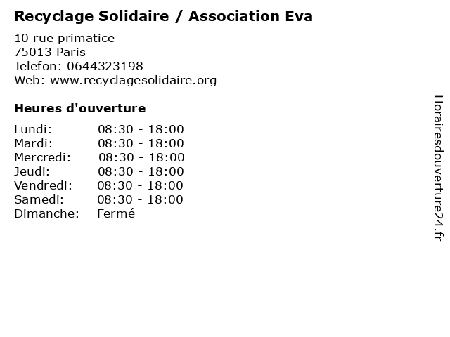 Recyclage Solidaire / Association Eva à Paris: adresse et heures d'ouverture