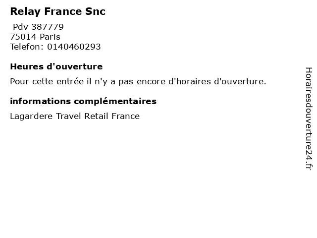 Relay France Snc à Paris: adresse et heures d'ouverture