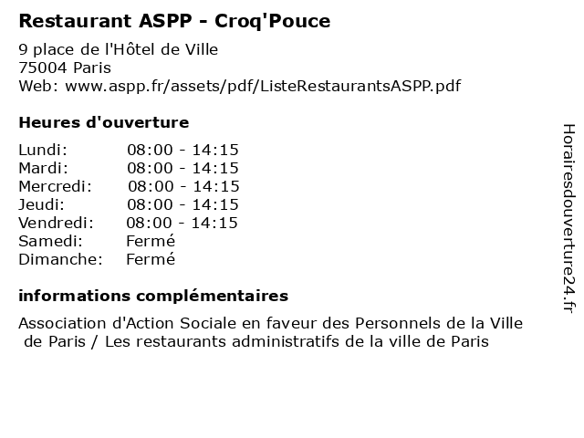 Restaurant ASPP - Croq'Pouce à Paris: adresse et heures d'ouverture