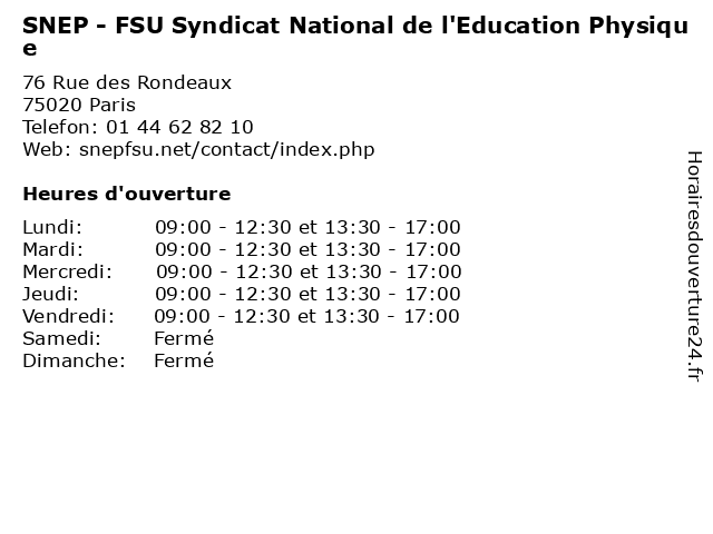SNEP - FSU Syndicat National de l'Education Physique à Paris: adresse et heures d'ouverture