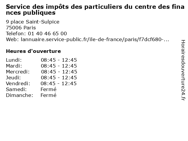 Service des impôts des particuliers du centre des finances publiques à Paris: adresse et heures d'ouverture