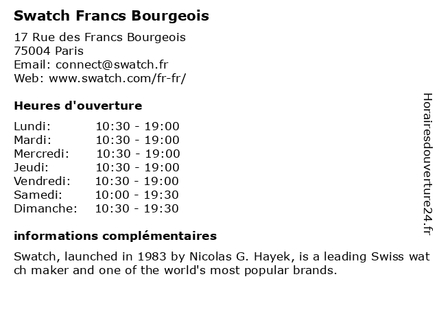 ᐅ Horaires d'ouverture „Swatch Paris Francs Bourgeois“ | 17 Rue des Francs  Bourgeois à Paris