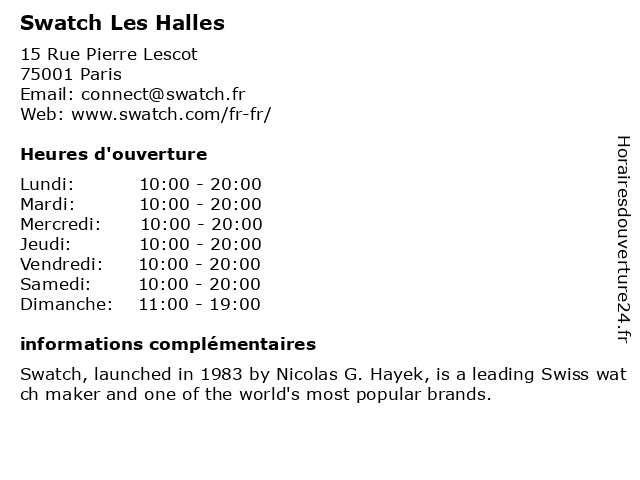 ᐅ Horaires d'ouverture „Swatch Paris Les Halles“ | 15 Rue Berger à Paris