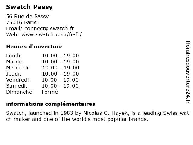 ᐅ Horaires d'ouverture „Swatch Paris Passy“ | 63 Rue de Passy à Paris