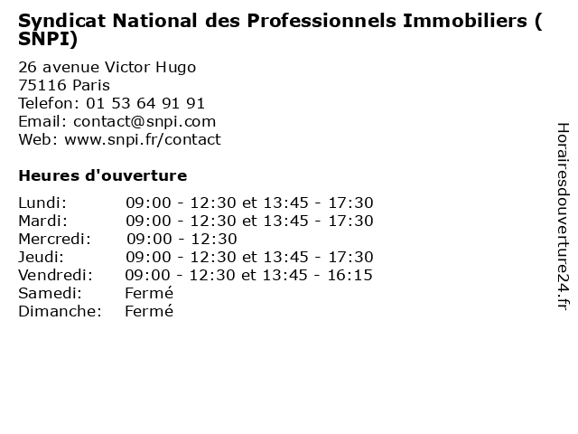 Syndicat National des Professionnels Immobiliers (SNPI) à Paris: adresse et heures d'ouverture