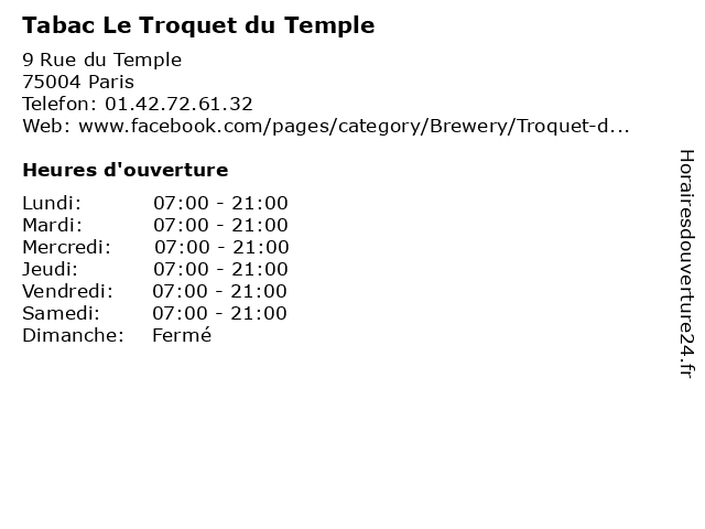 Tabac Le Troquet du Temple à Paris: adresse et heures d'ouverture