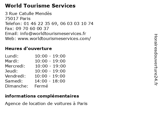 World Tourisme Services à Paris: adresse et heures d'ouverture