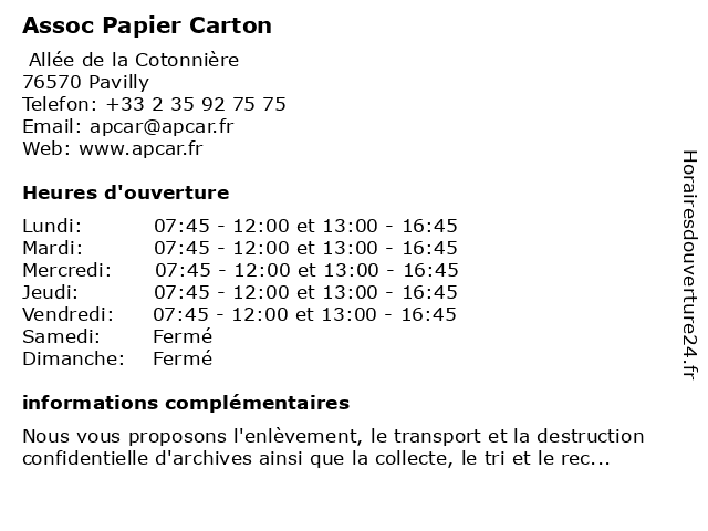 Association Papier Carton - َAPCAR à Pavilly: adresse et heures d'ouverture