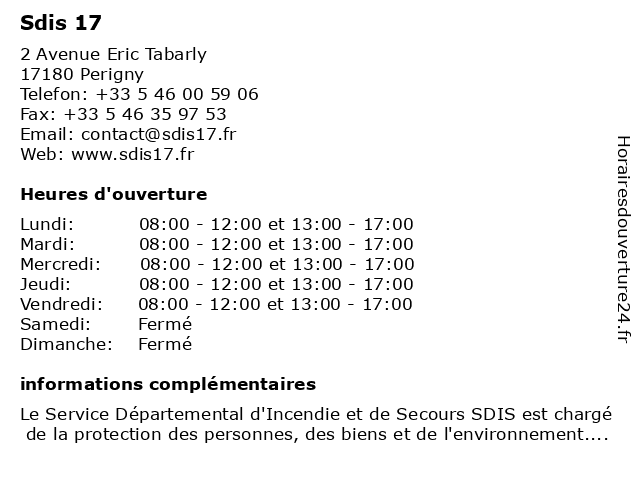 SDIS 17 - Sapeurs Pompiers de la Charente-Maritime à Perigny: adresse et heures d'ouverture