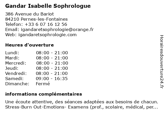 Gandar Isabelle Sophrologue à Pernes-les-Fontaines: adresse et heures d'ouverture