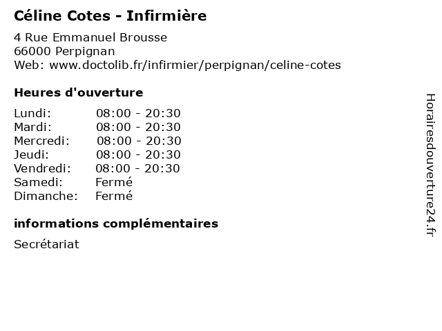 Céline Cotes - Infirmière à Perpignan: adresse et heures d'ouverture