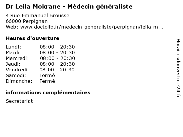 Dr Leila Mokrane - Médecin généraliste à Perpignan: adresse et heures d'ouverture