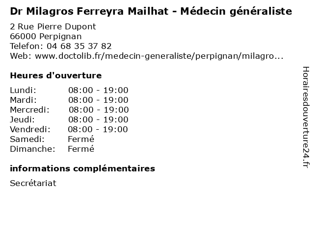 Dr Milagros Ferreyra Mailhat - Médecin généraliste à Perpignan: adresse et heures d'ouverture