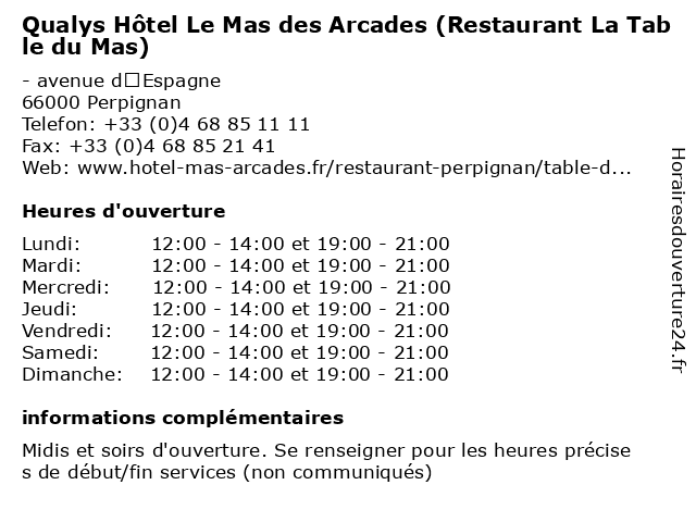 Qualys Hôtel Le Mas des Arcades (Restaurant La Table du Mas) à Perpignan: adresse et heures d'ouverture