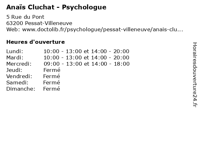 Anaïs Cluchat - Psychologue à Pessat-Villeneuve: adresse et heures d'ouverture