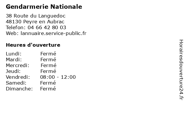 Gendarmerie Nationale à Peyre en Aubrac: adresse et heures d'ouverture
