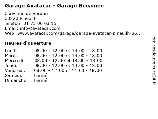 Garage Avatacar - Garage Becamec à Pineuilh: adresse et heures d'ouverture