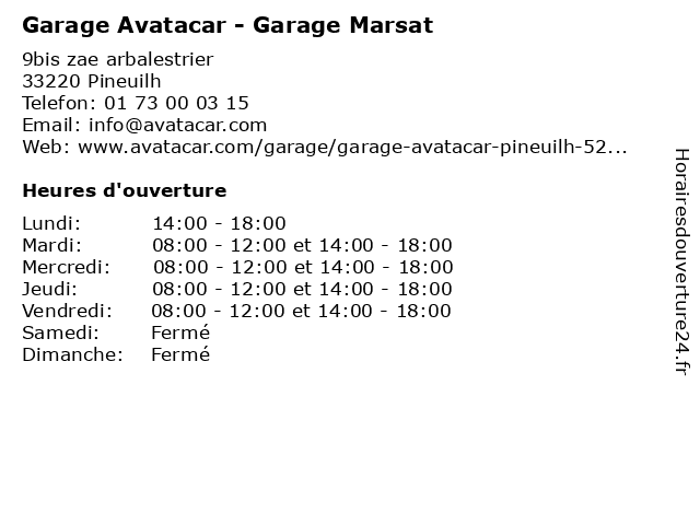 Garage Avatacar - Garage Marsat à Pineuilh: adresse et heures d'ouverture