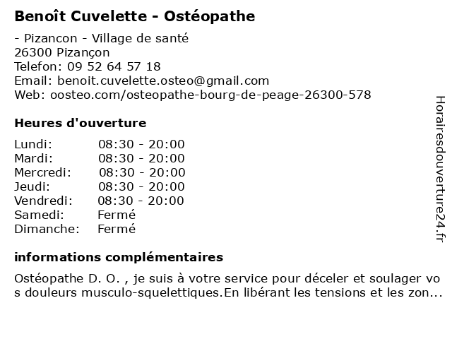 Benoît Cuvelette - Ostéopathe à Pizançon: adresse et heures d'ouverture